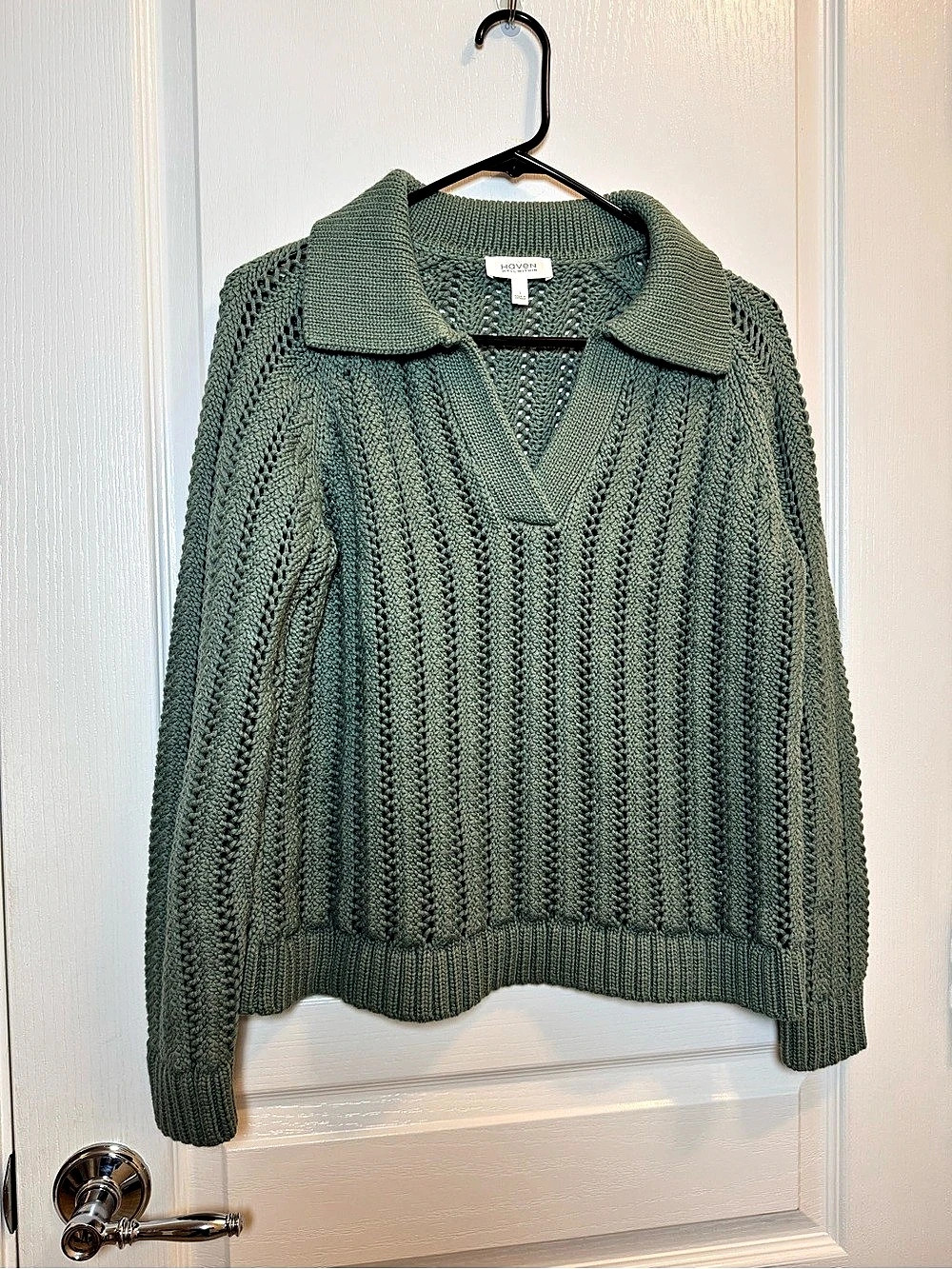 Haven Well Within Open Stitch Johnny Collar Chunky knit Sweater Sage Green Small
